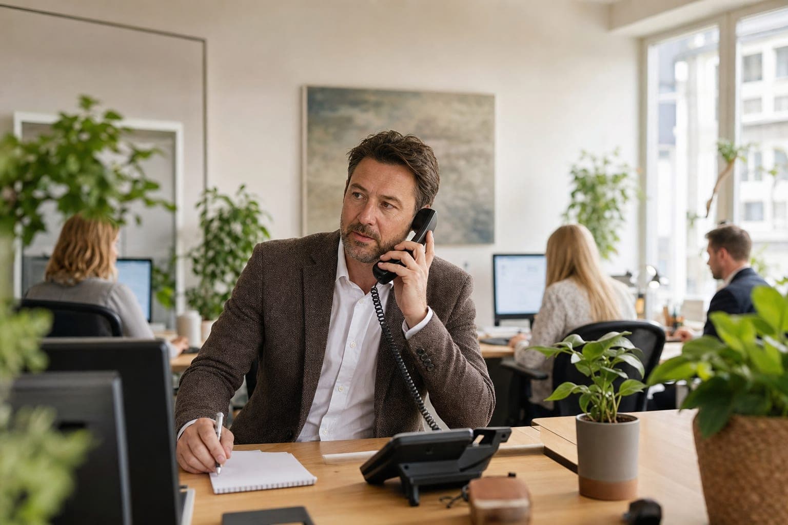 Recruiter im Büro am Telefon, daneben Notizblock und Tischapparat